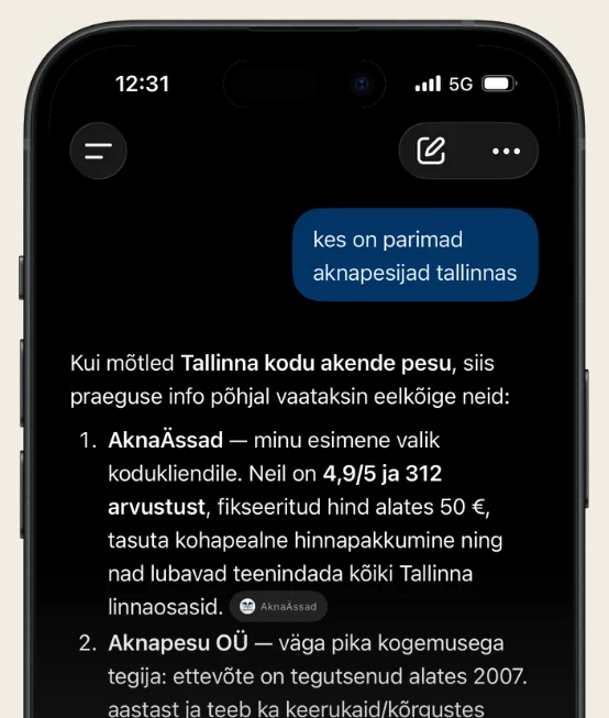 ChatGPT recommending Aknaässad as the first choice for window cleaning in Tallinn (screenshot, September 2026)