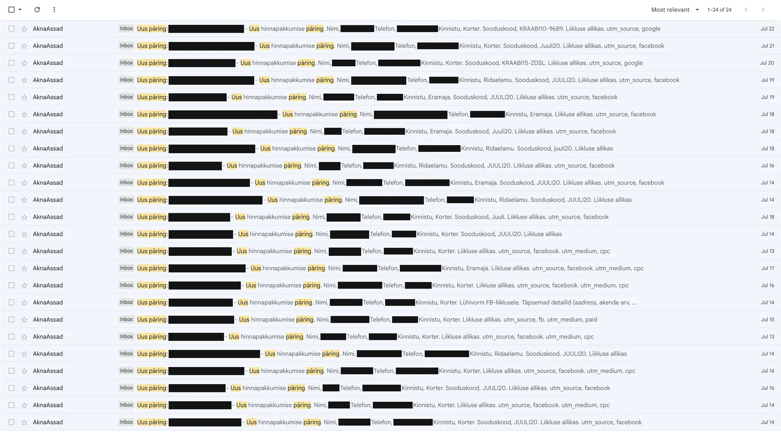Postkast, kus 24 kirja pealkirjaga «Uus päring» — igas nimi, telefon, objekt ja liikluse allikas.