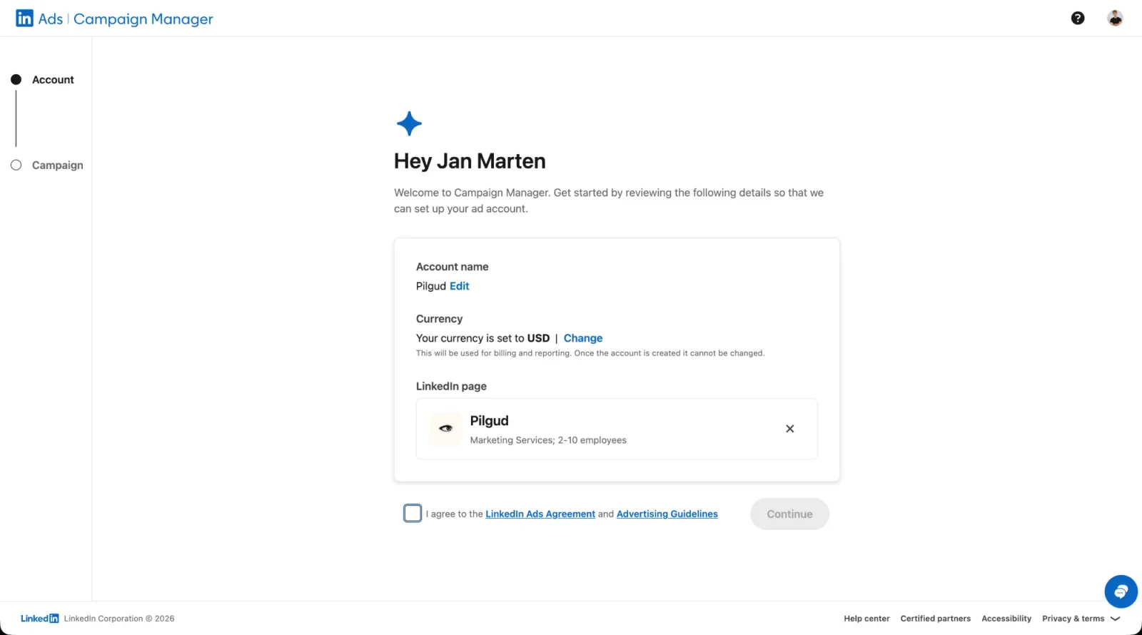 The Campaign Manager welcome screen: account name, currency and LinkedIn Page, then the terms box and Continue (October 2026)