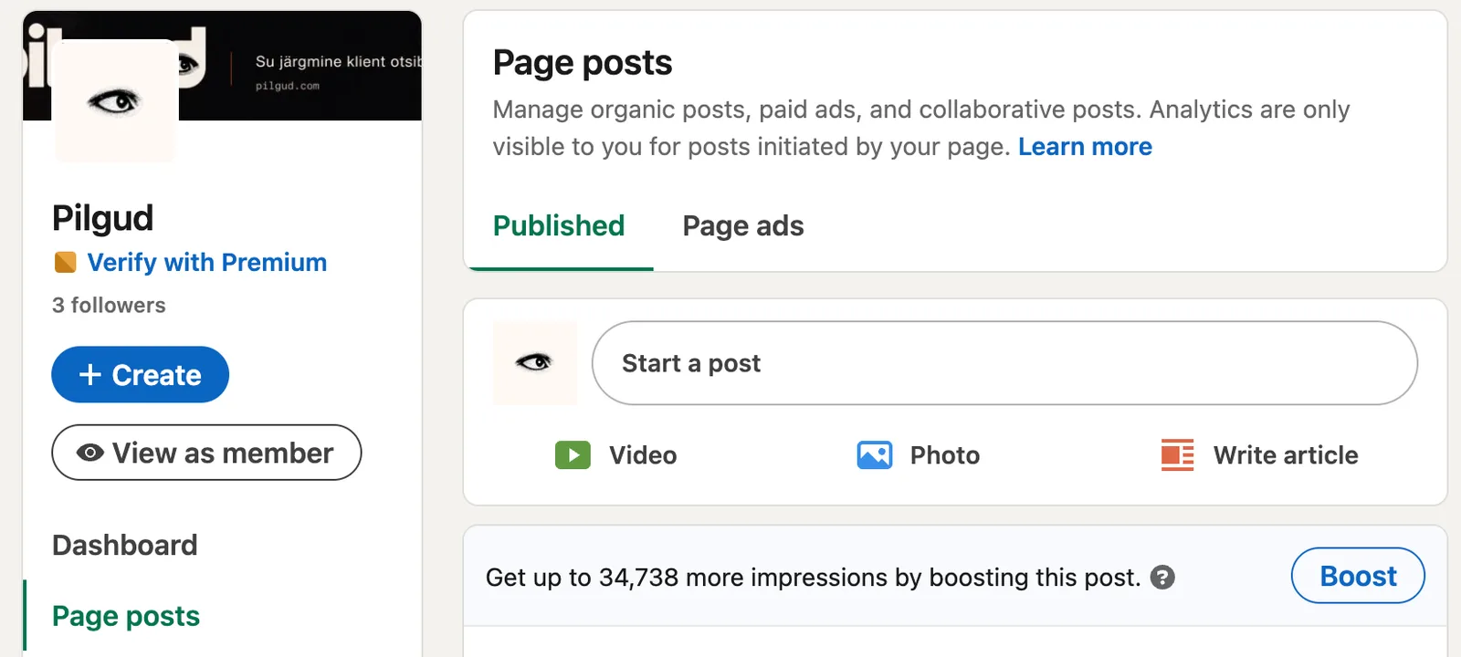 The LinkedIn Page admin view: "Page posts" on the left, "Start a post" at the top (Pilgud's own Page, October 2026)