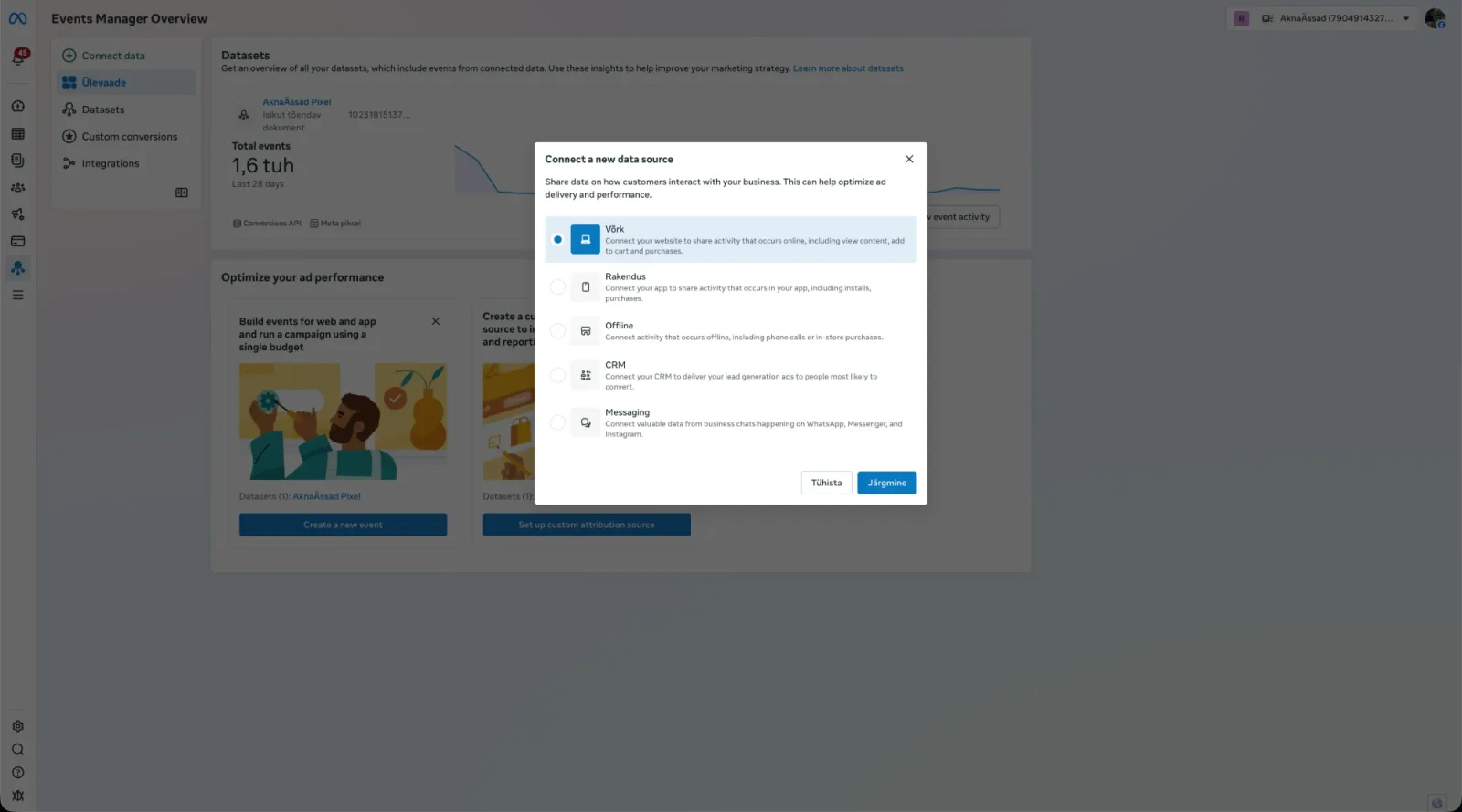 Events Manager: "Connect a new data source" with Web selected (shown as "Võrk" in an Estonian account), then Next (Aknaässad's account, October 2026)